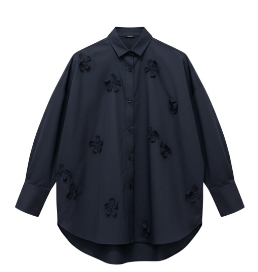 ODEEH - Baumwollbluse navy mit aufgesetzten Häkelblumen